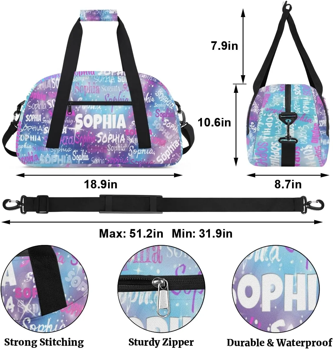 Personalized Gym Bag for Girls Teens, Custom Dance Bag Named Overnight Small Duffel Bag for Practice Gymnastics Ballet Sports Bag, Purple Blue Galaxy