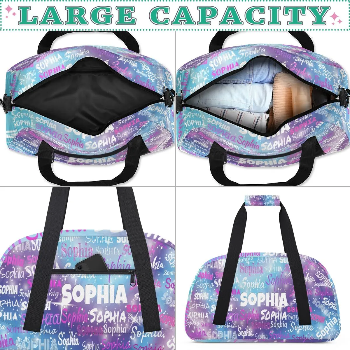 Personalized Gym Bag for Girls Teens, Custom Dance Bag Named Overnight Small Duffel Bag for Practice Gymnastics Ballet Sports Bag, Purple Blue Galaxy