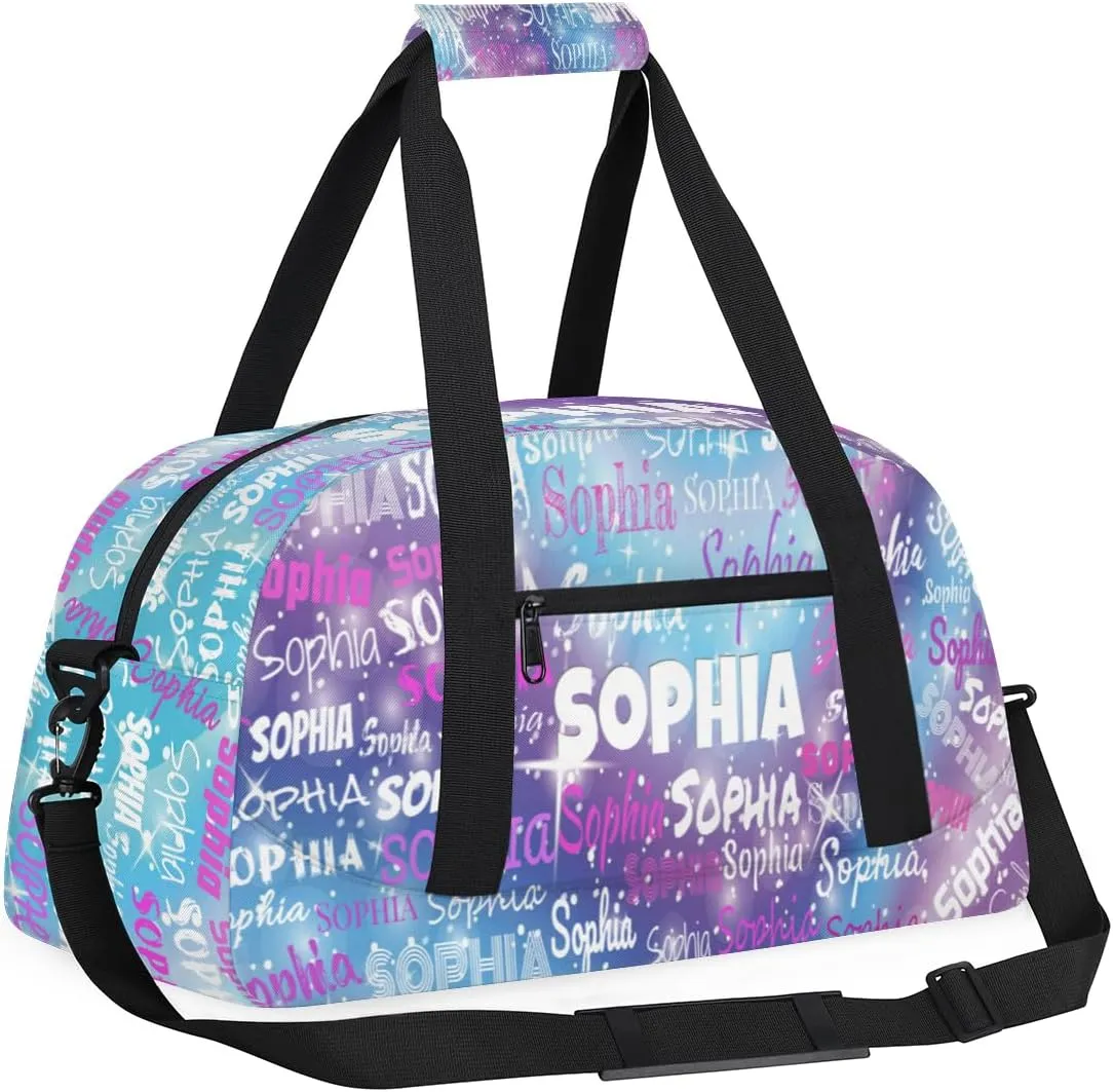 Personalized Gym Bag for Girls Teens, Custom Dance Bag Named Overnight Small Duffel Bag for Practice Gymnastics Ballet Sports Bag, Purple Blue Galaxy