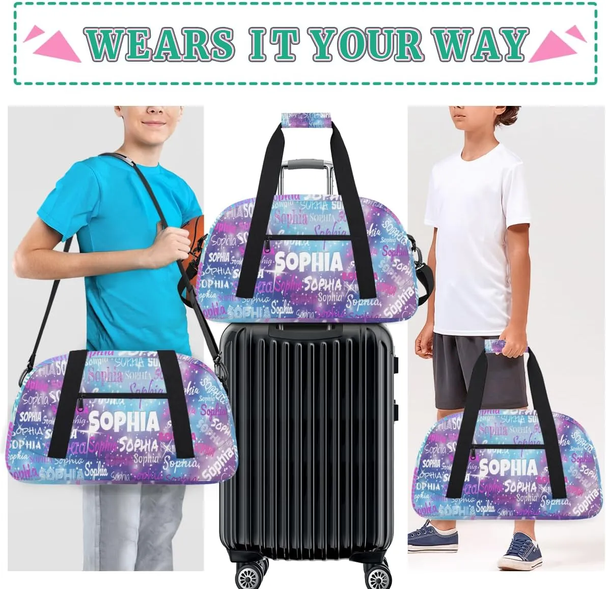 Personalized Gym Bag for Girls Teens, Custom Dance Bag Named Overnight Small Duffel Bag for Practice Gymnastics Ballet Sports Bag, Purple Blue Galaxy