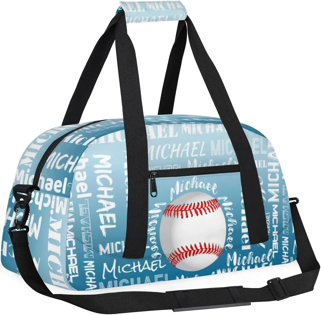 Personalized Gym Bag for Men Women, Custom Name Sports Duffel Bag, Large Capacity Weekender Overnight Travel Bags Baseball Blue White