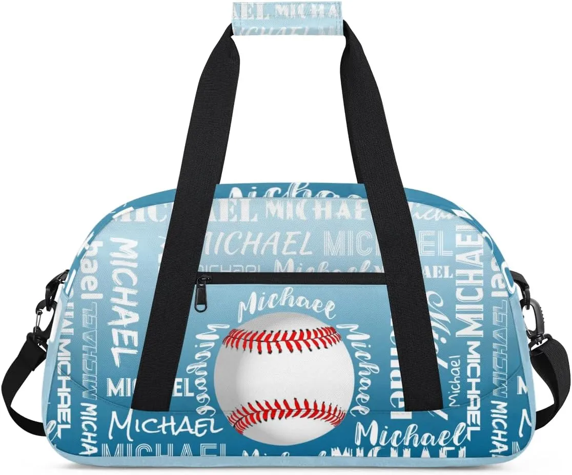 Personalized Gym Bag for Men Women, Custom Name Sports Duffel Bag, Large Capacity Weekender Overnight Travel Bags Baseball Blue White