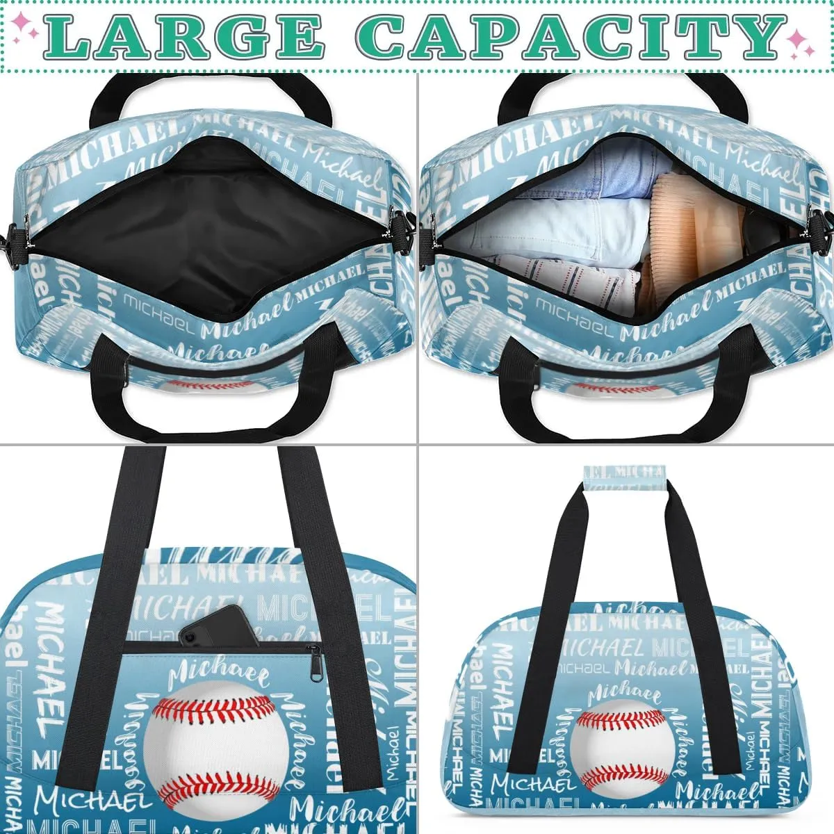 Personalized Gym Bag for Men Women, Custom Name Sports Duffel Bag, Large Capacity Weekender Overnight Travel Bags Baseball Blue White