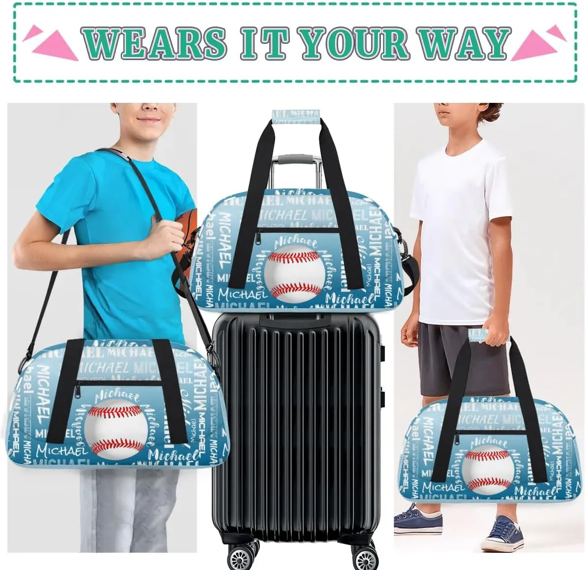 Personalized Gym Bag for Men Women, Custom Name Sports Duffel Bag, Large Capacity Weekender Overnight Travel Bags Baseball Blue White