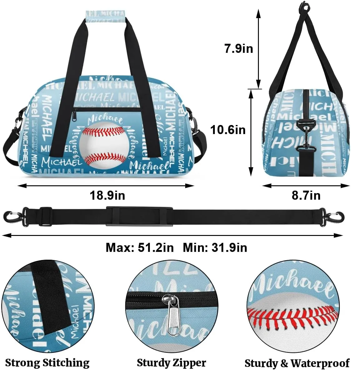 Personalized Gym Bag for Men Women, Custom Name Sports Duffel Bag, Large Capacity Weekender Overnight Travel Bags Baseball Blue White