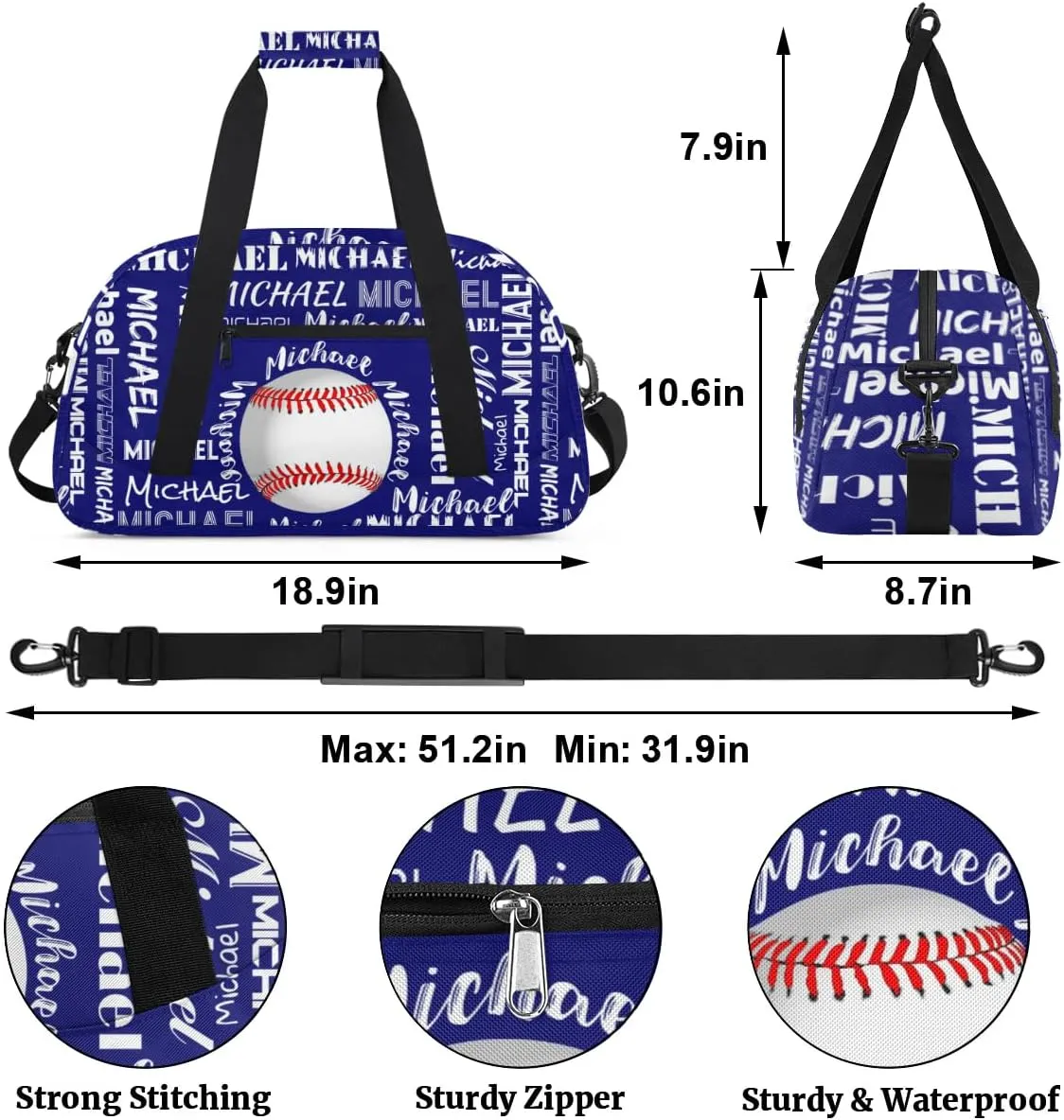 Personalized Gym Bag for Men Women, Custom Name Sports Duffel Bag, Large Capacity Weekender Overnight Travel Bags Baseball Navy Blue