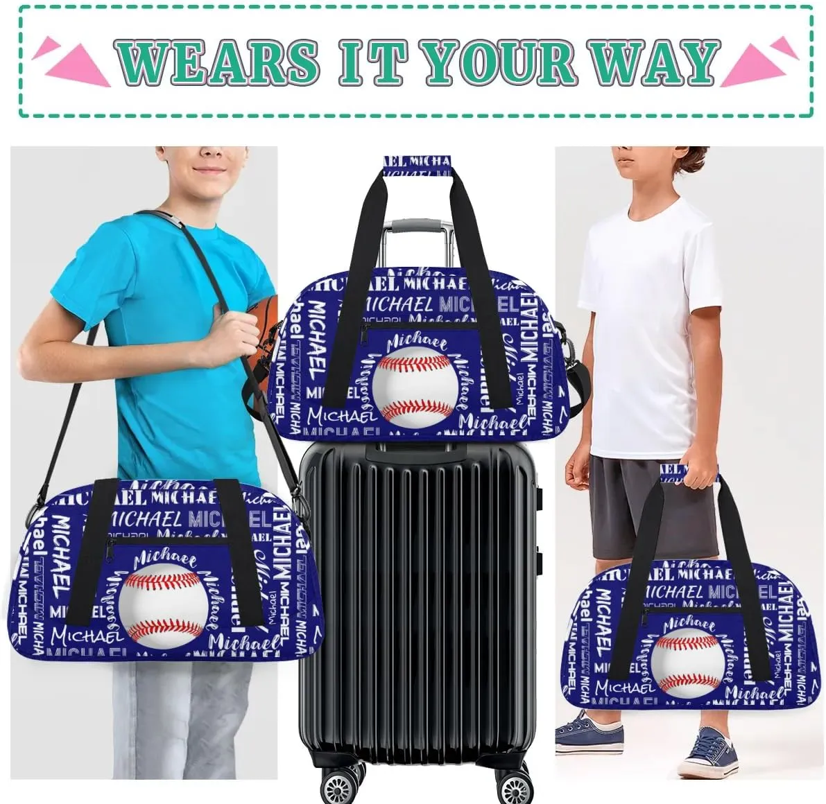 Personalized Gym Bag for Men Women, Custom Name Sports Duffel Bag, Large Capacity Weekender Overnight Travel Bags Baseball Navy Blue