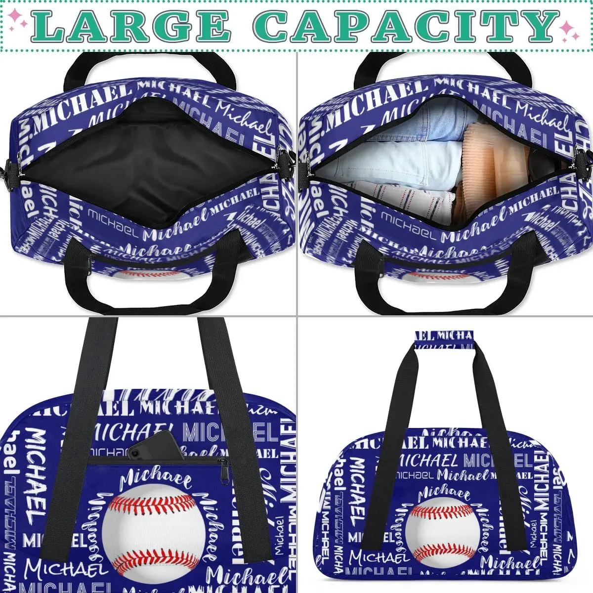 Personalized Gym Bag for Men Women, Custom Name Sports Duffel Bag, Large Capacity Weekender Overnight Travel Bags Baseball Navy Blue
