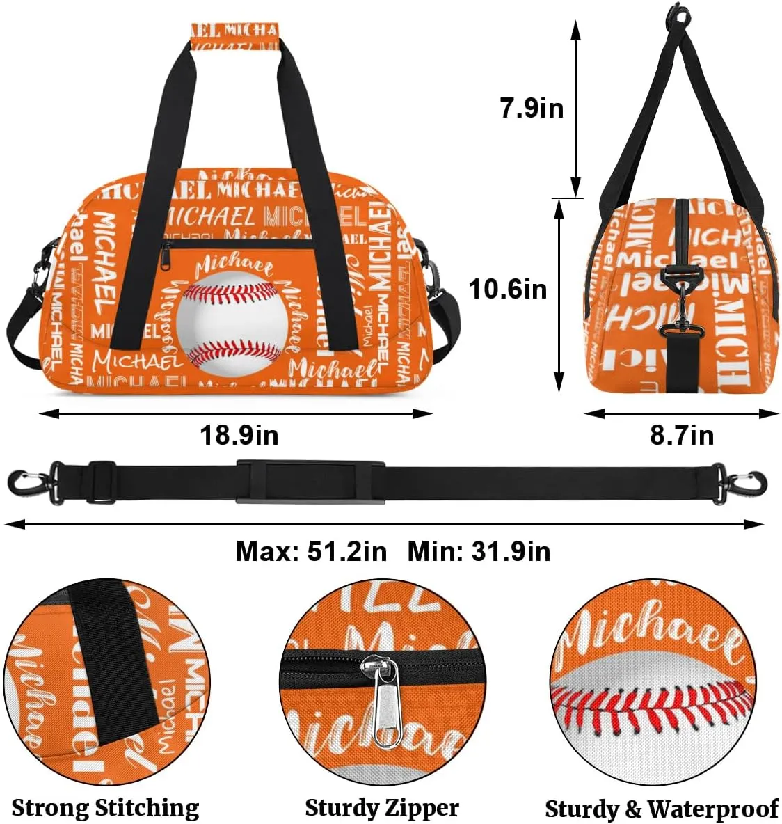 Personalized Gym Bag for Men Women, Custom Name Sports Duffel Bag, Large Capacity Weekender Overnight Travel Bags Baseball Orange