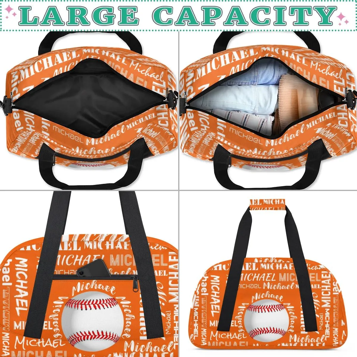 Personalized Gym Bag for Men Women, Custom Name Sports Duffel Bag, Large Capacity Weekender Overnight Travel Bags Baseball Orange