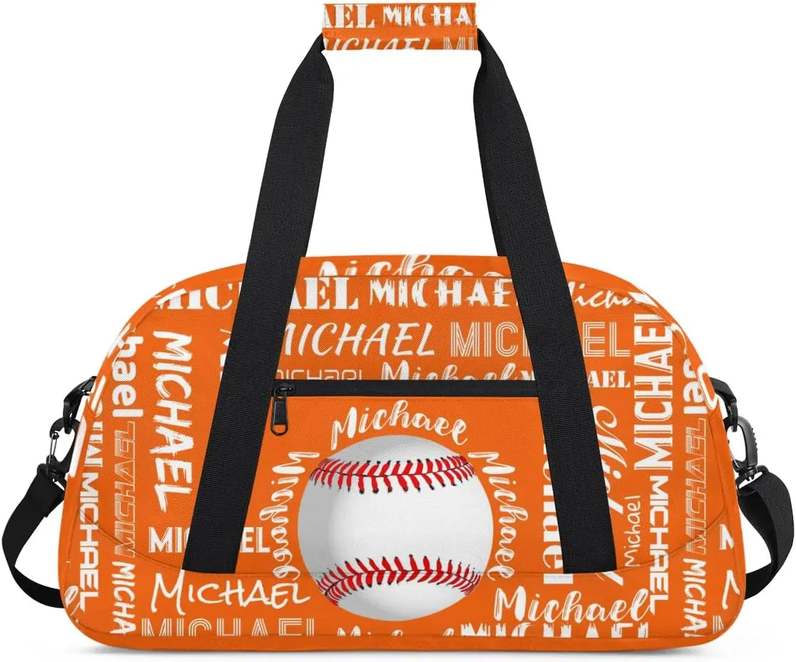 Personalized Gym Bag for Men Women, Custom Name Sports Duffel Bag, Large Capacity Weekender Overnight Travel Bags Baseball Orange