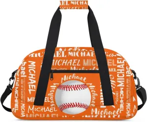 Personalized Gym Bag for Men Women, Custom Name Sports Duffel Bag, Large Capacity Weekender Overnight Travel Bags Baseball Orange