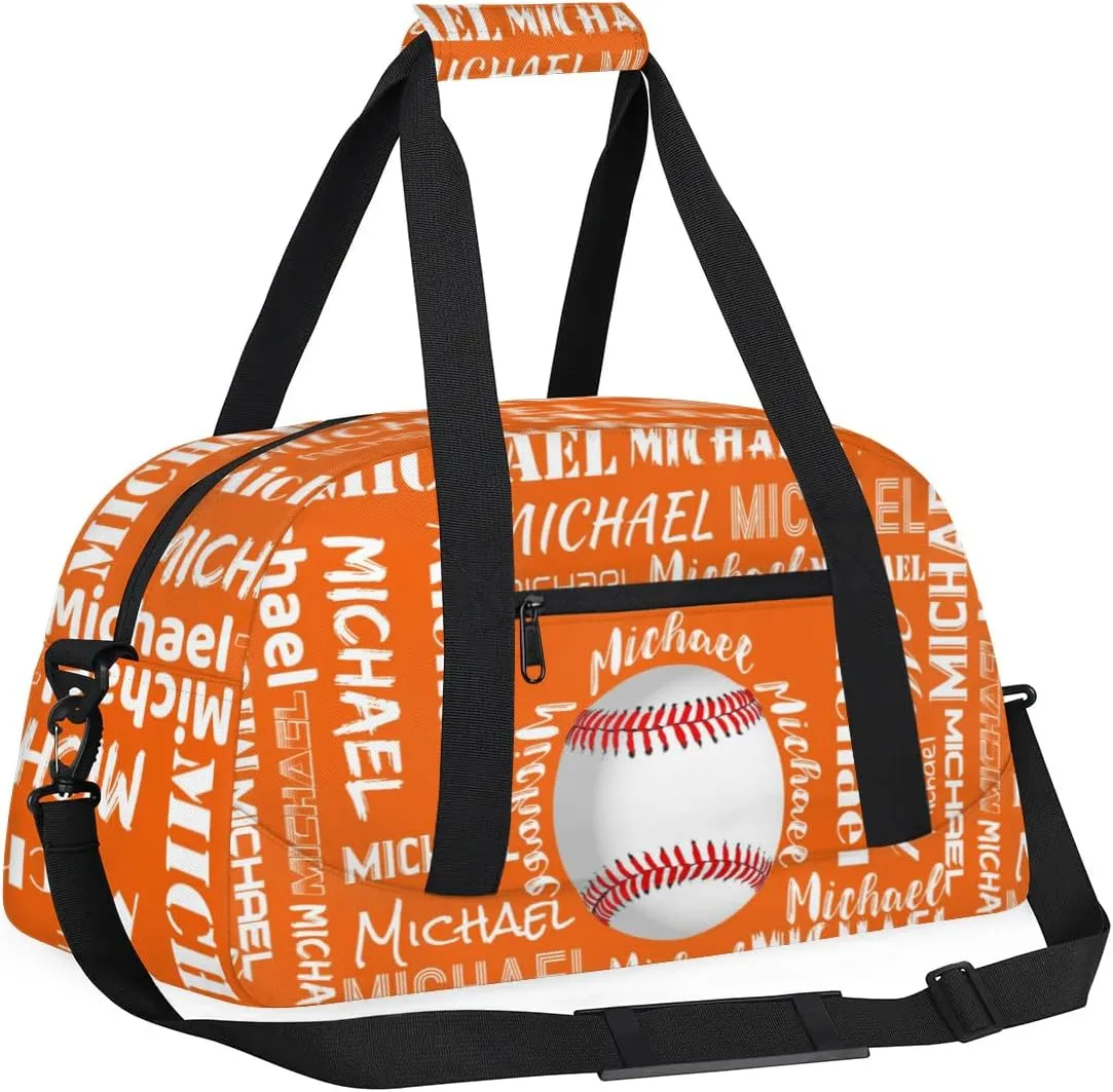 Personalized Gym Bag for Men Women, Custom Name Sports Duffel Bag, Large Capacity Weekender Overnight Travel Bags Baseball Orange