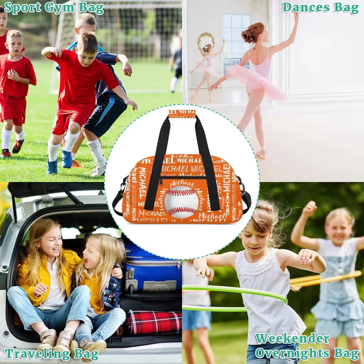 Personalized Gym Bag for Men Women, Custom Name Sports Duffel Bag, Large Capacity Weekender Overnight Travel Bags Baseball Orange