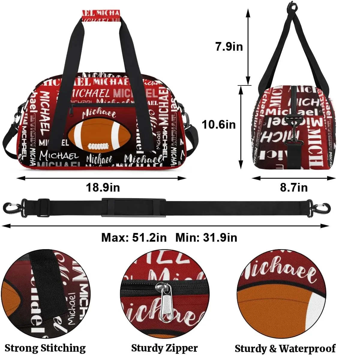 Personalized Gym Bag for Men Women, Custom Name Sports Duffel Bag, Large Capacity Weekender Overnight Travel Bags Red Black Football