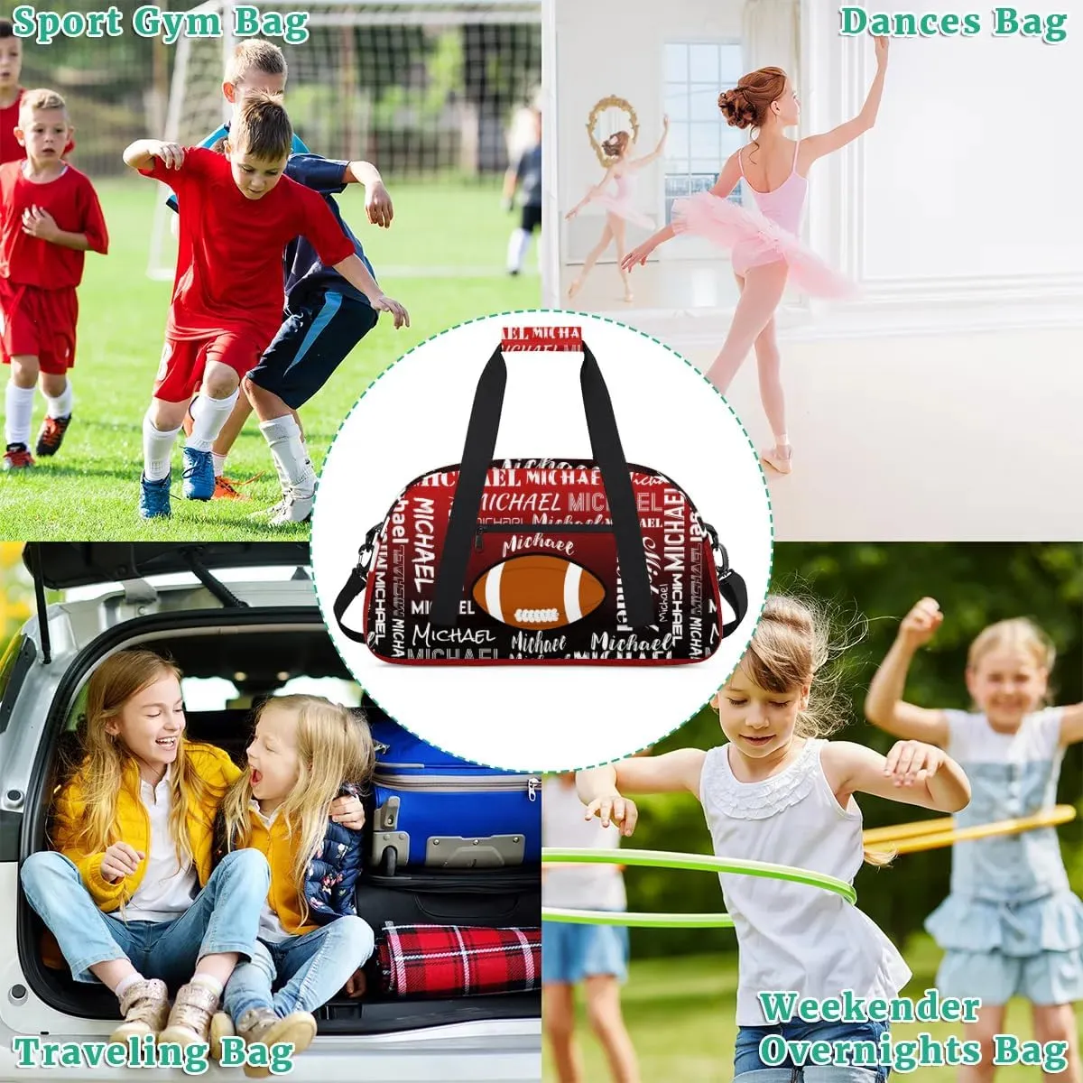 Personalized Gym Bag for Men Women, Custom Name Sports Duffel Bag, Large Capacity Weekender Overnight Travel Bags Red Black Football