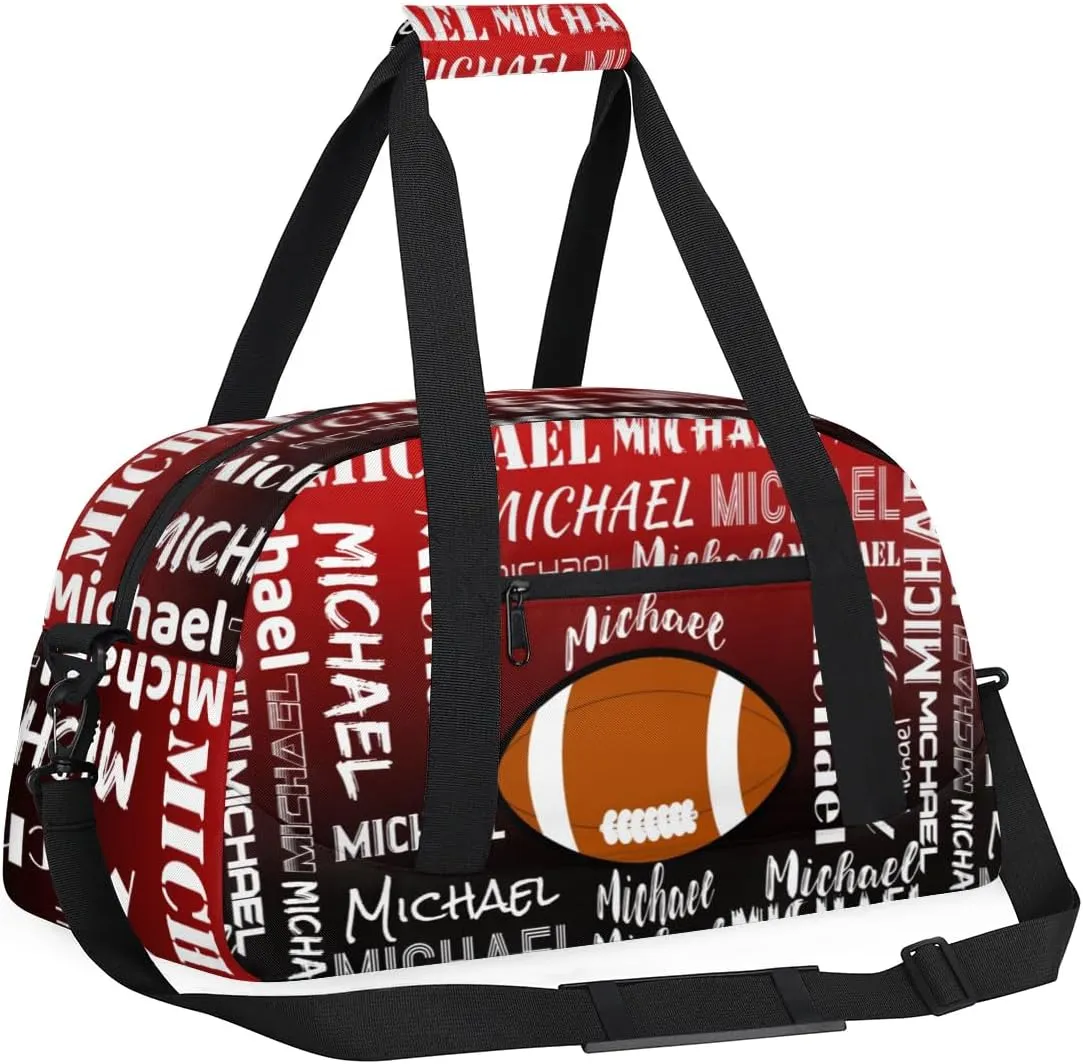 Personalized Gym Bag for Men Women, Custom Name Sports Duffel Bag, Large Capacity Weekender Overnight Travel Bags Red Black Football
