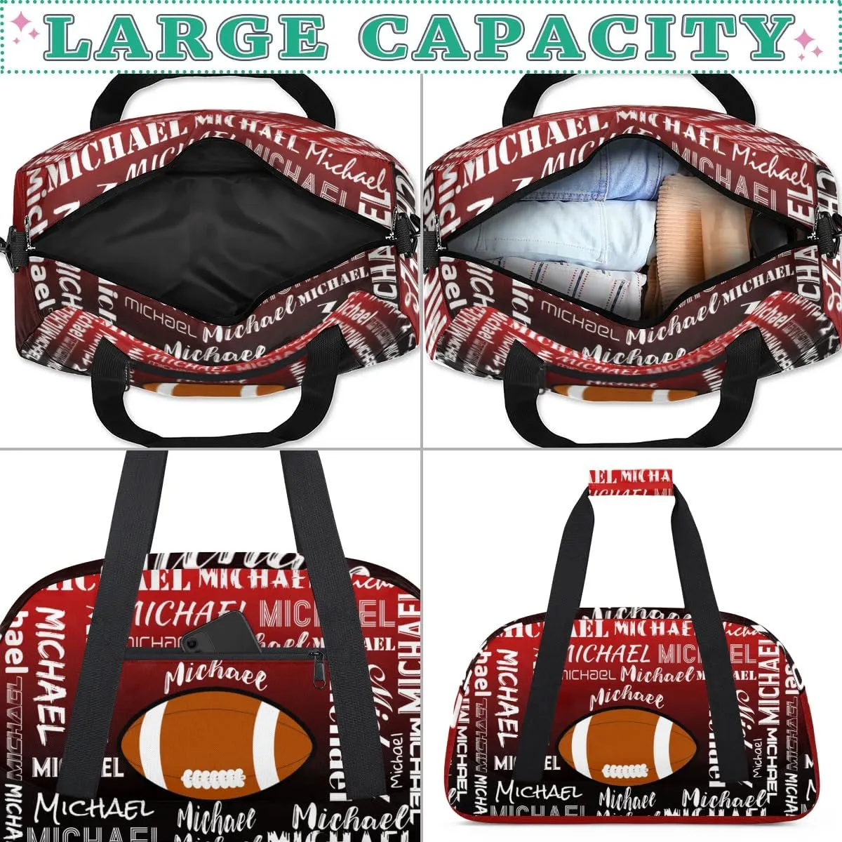 Personalized Gym Bag for Men Women, Custom Name Sports Duffel Bag, Large Capacity Weekender Overnight Travel Bags Red Black Football