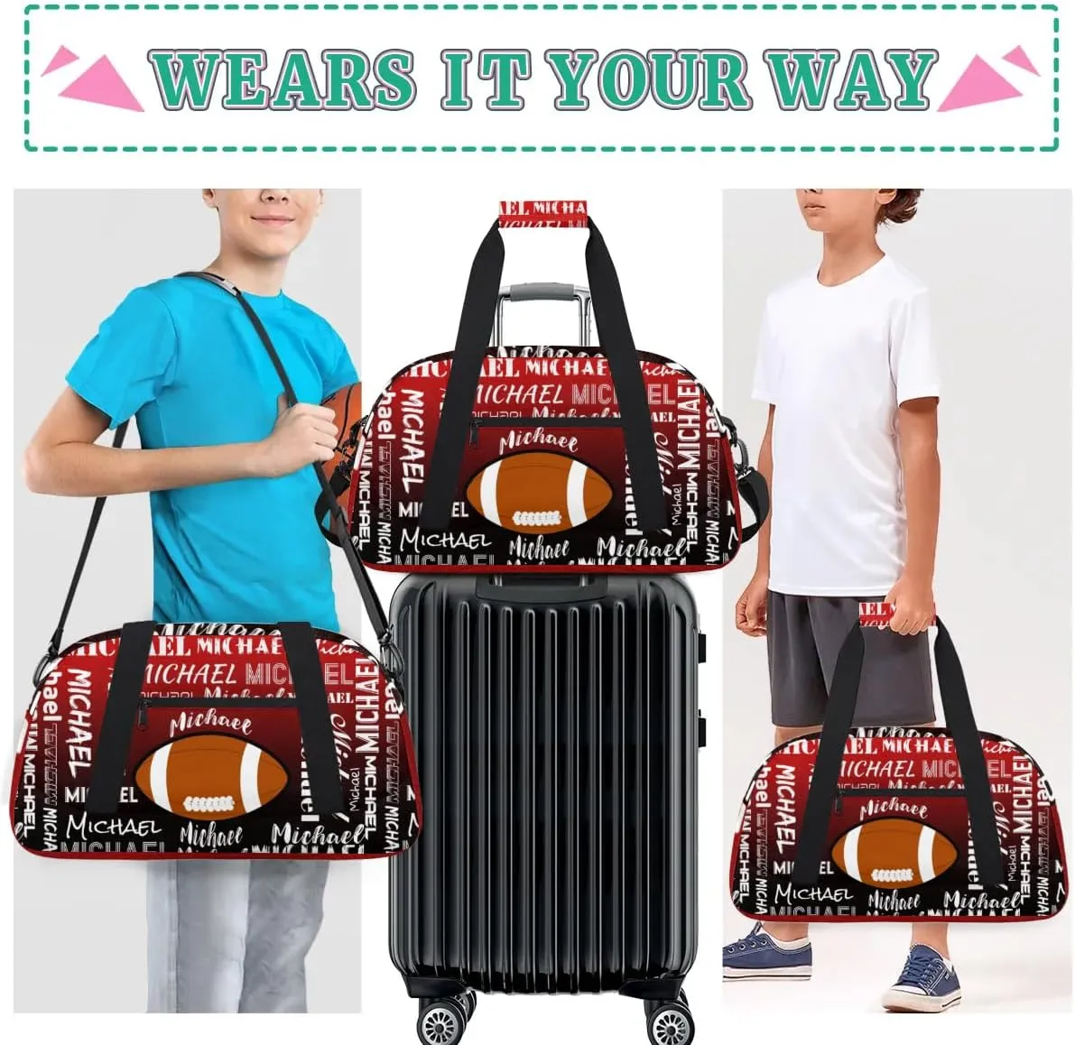 Personalized Gym Bag for Men Women, Custom Name Sports Duffel Bag, Large Capacity Weekender Overnight Travel Bags Red Black Football