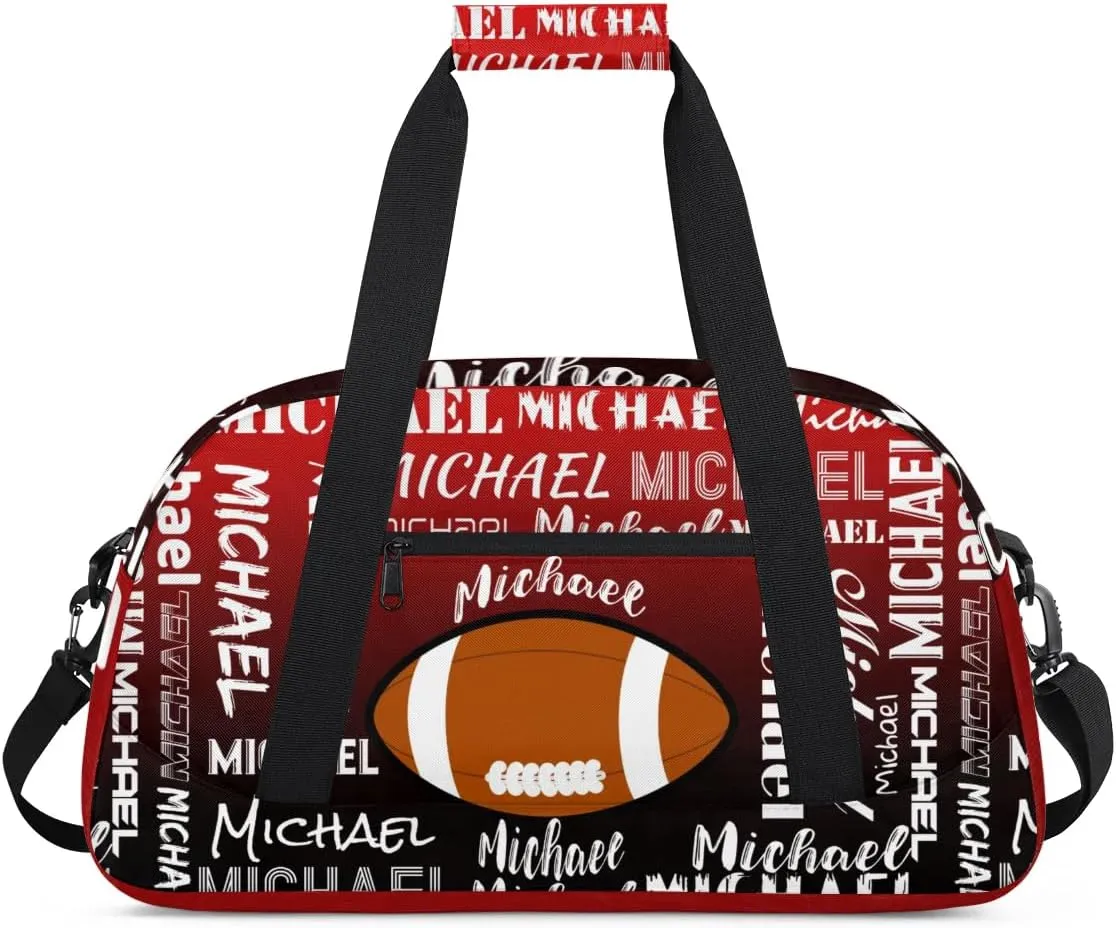 Personalized Gym Bag for Men Women, Custom Name Sports Duffel Bag, Large Capacity Weekender Overnight Travel Bags Red Black Football