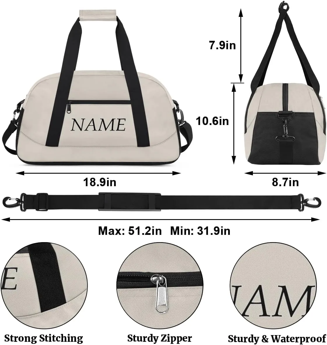 Personalized Gym Bag for Women Men, Custom Duffel Bag with Name, Small Sports Bag Travel Carry On Weekender Bags, Beige