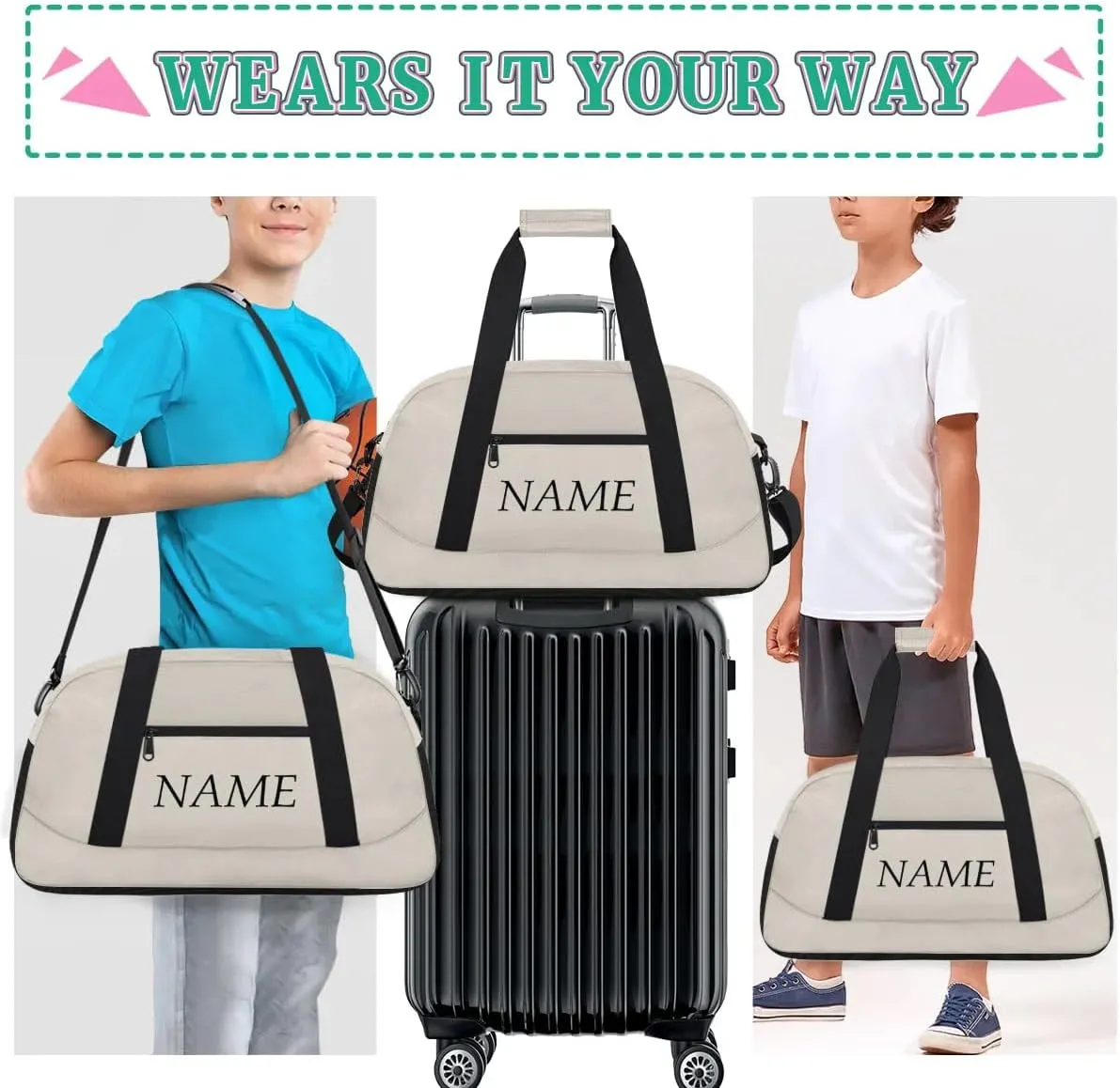 Personalized Gym Bag for Women Men, Custom Duffel Bag with Name, Small Sports Bag Travel Carry On Weekender Bags, Beige