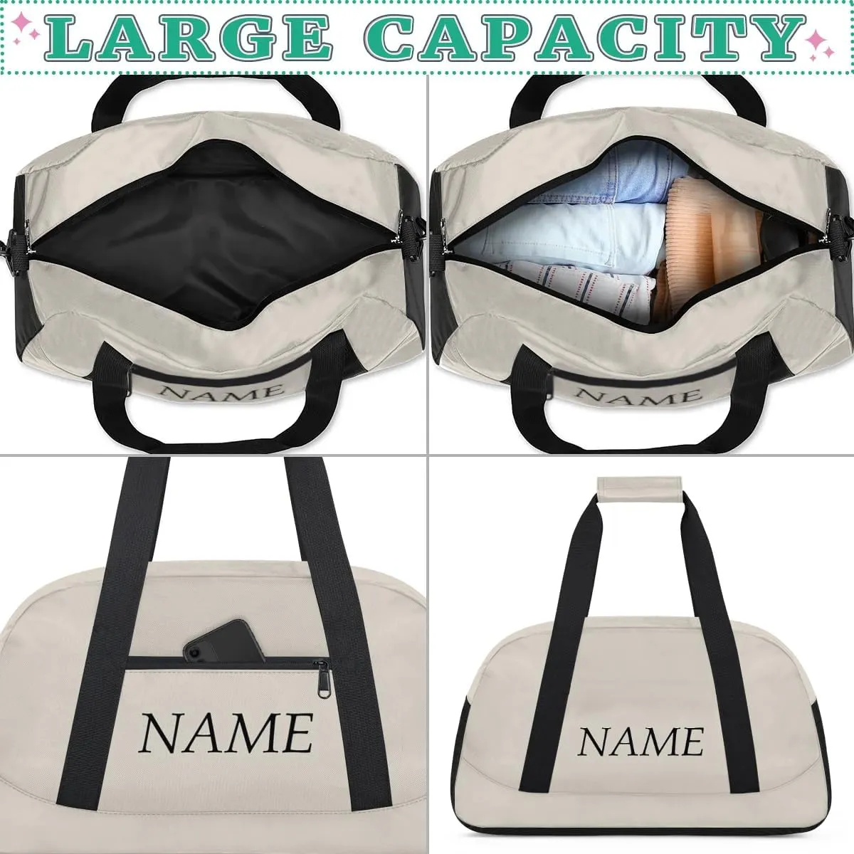 Personalized Gym Bag for Women Men, Custom Duffel Bag with Name, Small Sports Bag Travel Carry On Weekender Bags, Beige