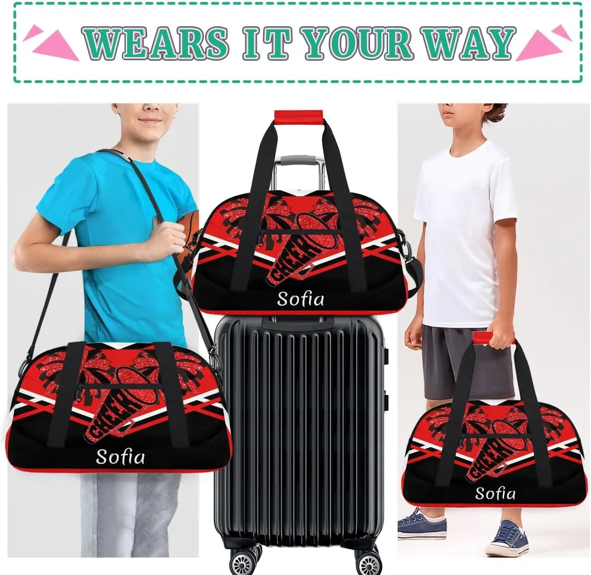 Personalized Gym Cheer Sports Bag Girls, Custom Sport Dance Ballet Duffel Bag Weekender Bags Travel Swimming Shoulder Bag Red Black Design