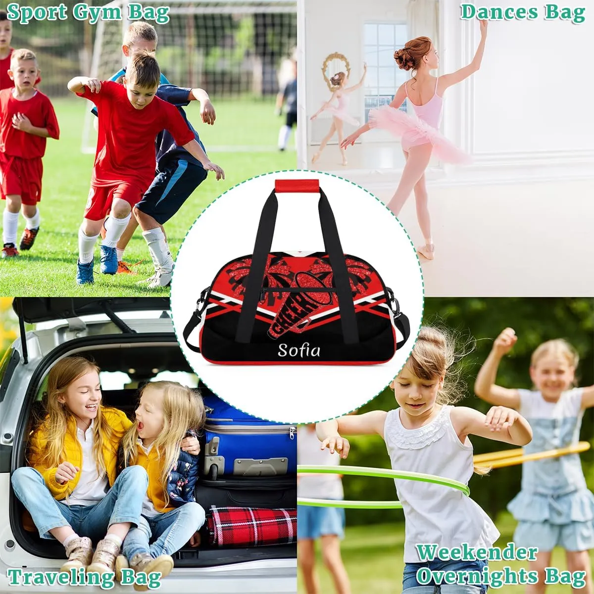 Personalized Gym Cheer Sports Bag Girls, Custom Sport Dance Ballet Duffel Bag Weekender Bags Travel Swimming Shoulder Bag Red Black Design