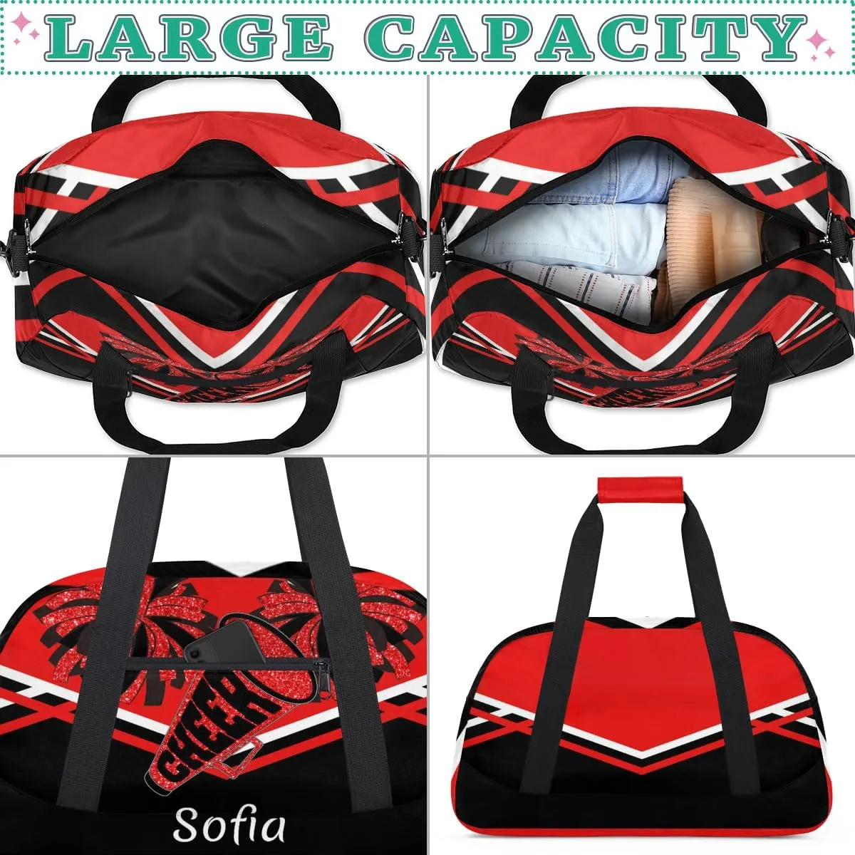 Personalized Gym Cheer Sports Bag Girls, Custom Sport Dance Ballet Duffel Bag Weekender Bags Travel Swimming Shoulder Bag Red Black Design