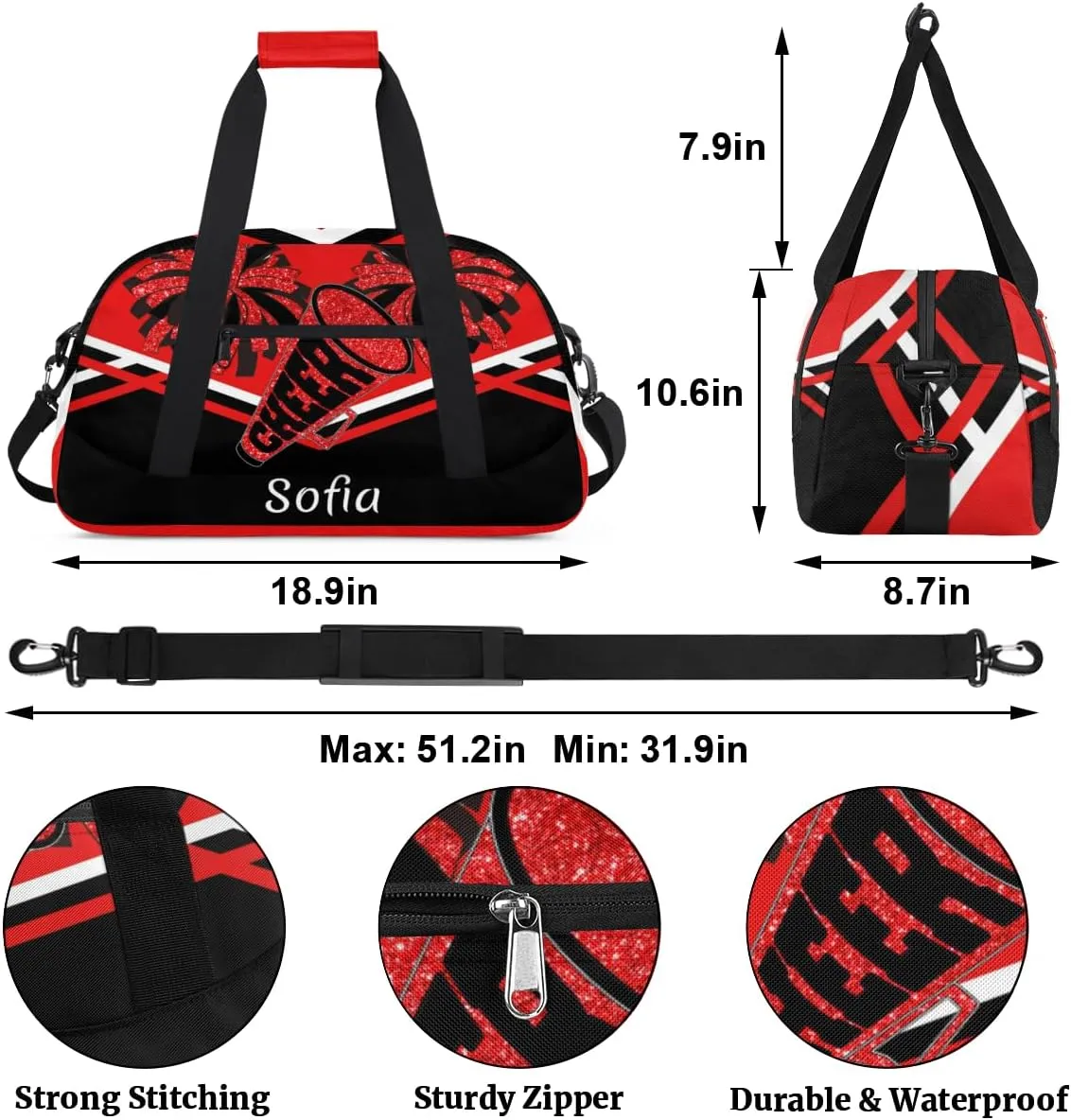 Personalized Gym Cheer Sports Bag Girls, Custom Sport Dance Ballet Duffel Bag Weekender Bags Travel Swimming Shoulder Bag Red Black Design