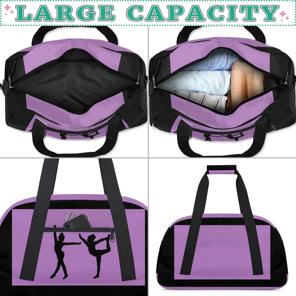 Personalized Gym Dance Bag for Girls, Custom Sports Duffel Cheer Bag Overnight Weekender Sleepover Bag Travel Perform Bag Orchid Purple and Black Background Girls Gymnastics Silhouette