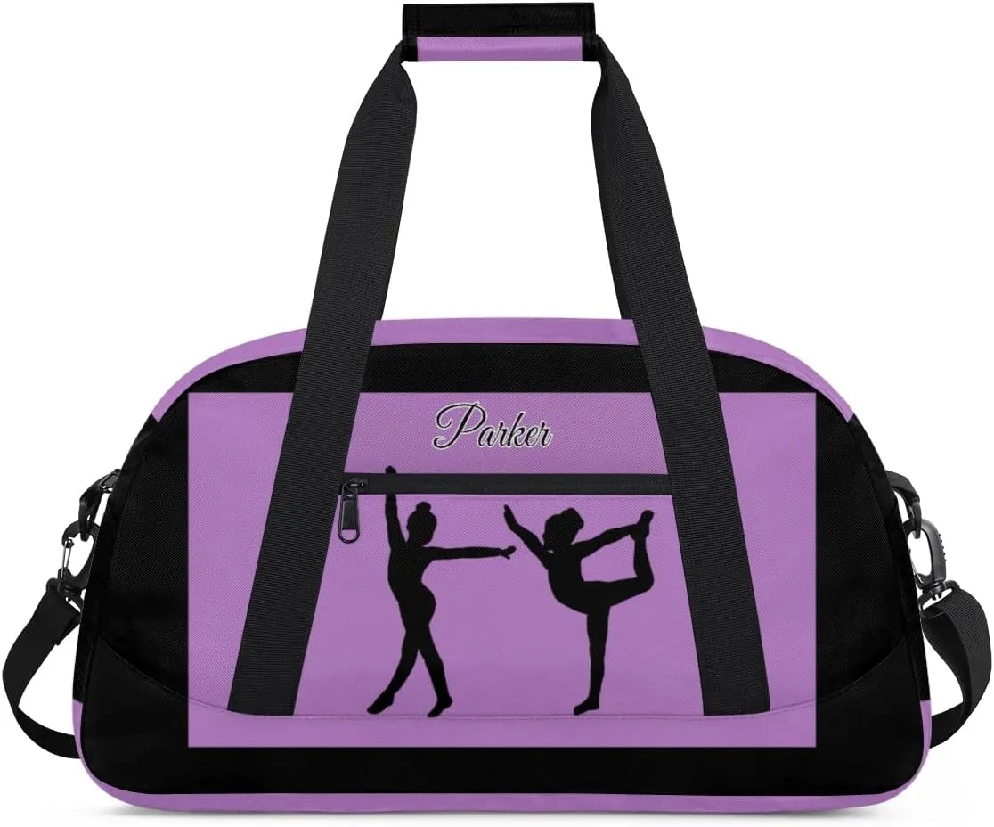 Personalized Gym Dance Bag for Girls, Custom Sports Duffel Cheer Bag Overnight Weekender Sleepover Bag Travel Perform Bag Orchid Purple and Black Background Girls Gymnastics Silhouette