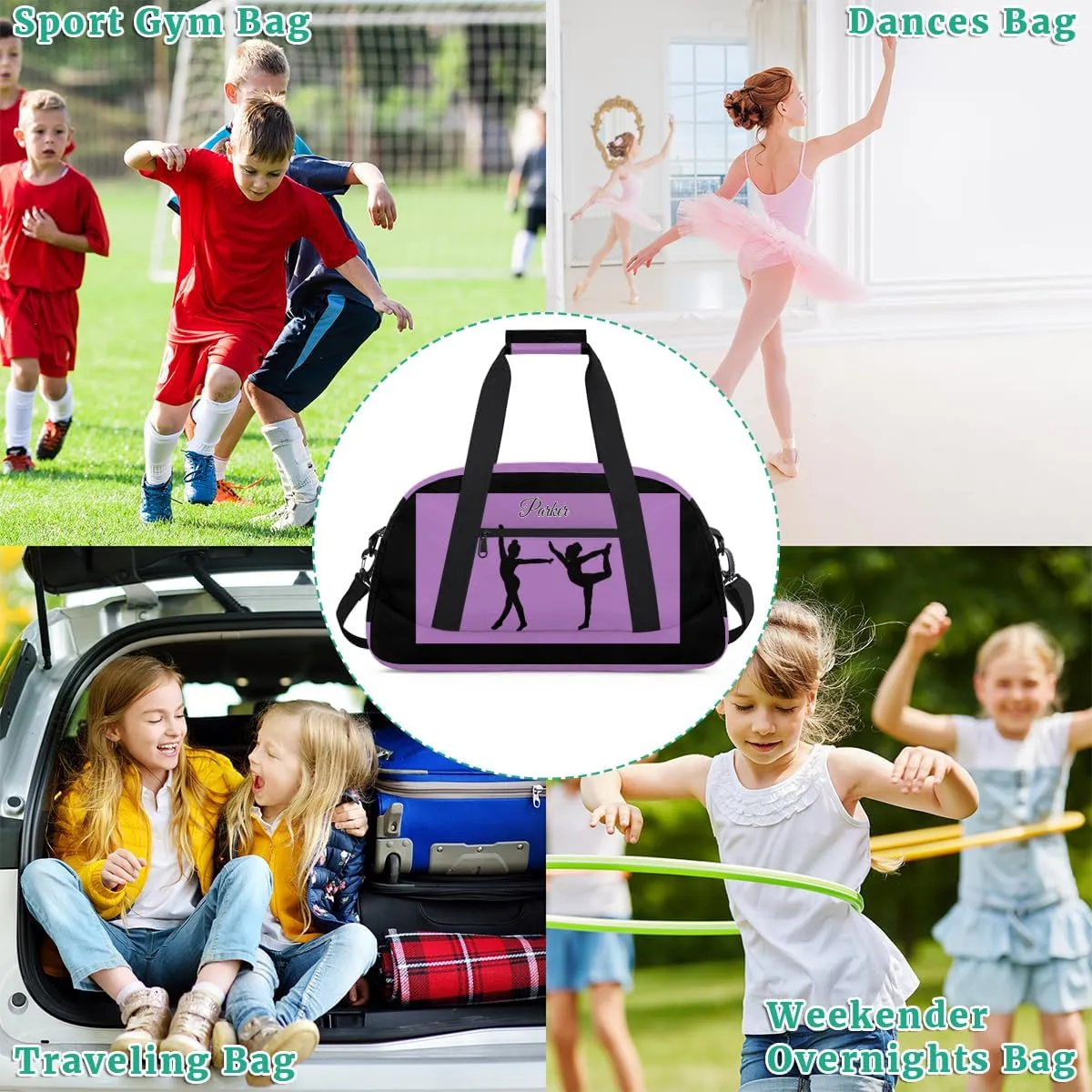 Personalized Gym Dance Bag for Girls, Custom Sports Duffel Cheer Bag Overnight Weekender Sleepover Bag Travel Perform Bag Orchid Purple and Black Background Girls Gymnastics Silhouette