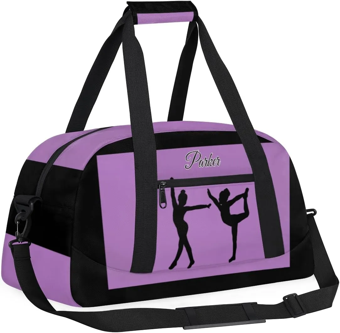 Personalized Gym Dance Bag for Girls, Custom Sports Duffel Cheer Bag Overnight Weekender Sleepover Bag Travel Perform Bag Orchid Purple and Black Background Girls Gymnastics Silhouette