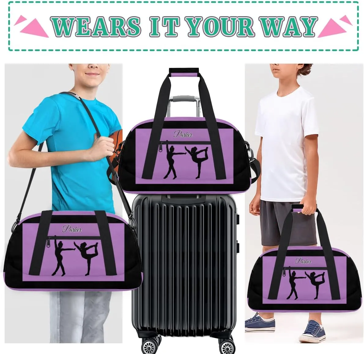 Personalized Gym Dance Bag for Girls, Custom Sports Duffel Cheer Bag Overnight Weekender Sleepover Bag Travel Perform Bag Orchid Purple and Black Background Girls Gymnastics Silhouette