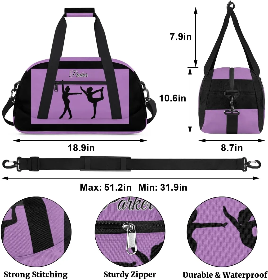 Personalized Gym Dance Bag for Girls, Custom Sports Duffel Cheer Bag Overnight Weekender Sleepover Bag Travel Perform Bag Orchid Purple and Black Background Girls Gymnastics Silhouette