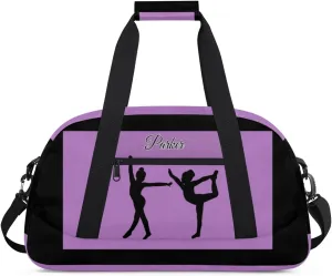 Personalized Gym Dance Bag for Girls, Custom Sports Duffel Cheer Bag Overnight Weekender Sleepover Bag Travel Perform Bag Orchid Purple and Black Background Girls Gymnastics Silhouette