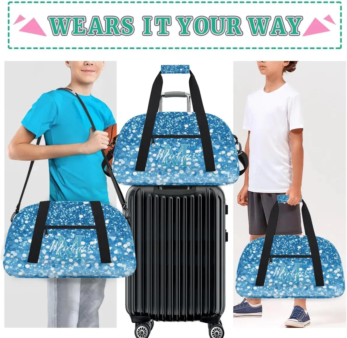 Personalized Gym Duffle Bag, Customized Initial Sports Duffle Bag for Travel, Lightweight Weekend Overnight Bag for Women, Blue Glitter