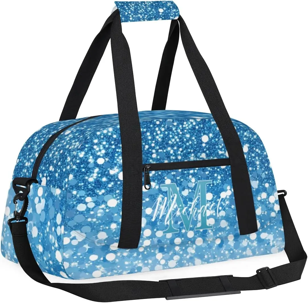 Personalized Gym Duffle Bag, Customized Initial Sports Duffle Bag for Travel, Lightweight Weekend Overnight Bag for Women, Blue Glitter