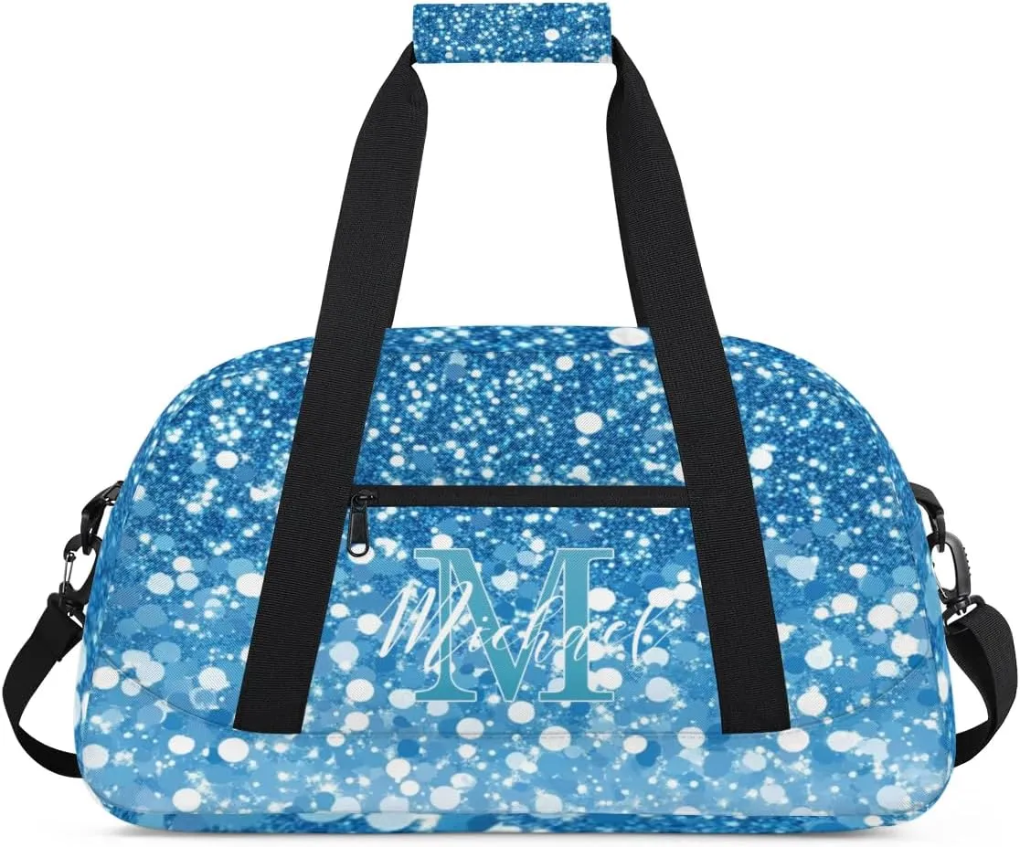 Personalized Gym Duffle Bag, Customized Initial Sports Duffle Bag for Travel, Lightweight Weekend Overnight Bag for Women, Blue Glitter