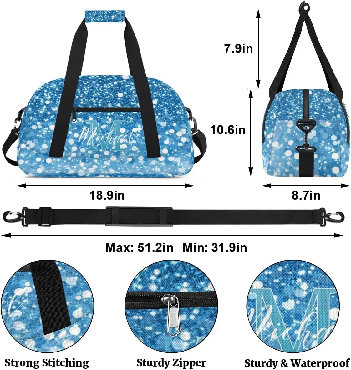 Personalized Gym Duffle Bag, Customized Initial Sports Duffle Bag for Travel, Lightweight Weekend Overnight Bag for Women, Blue Glitter
