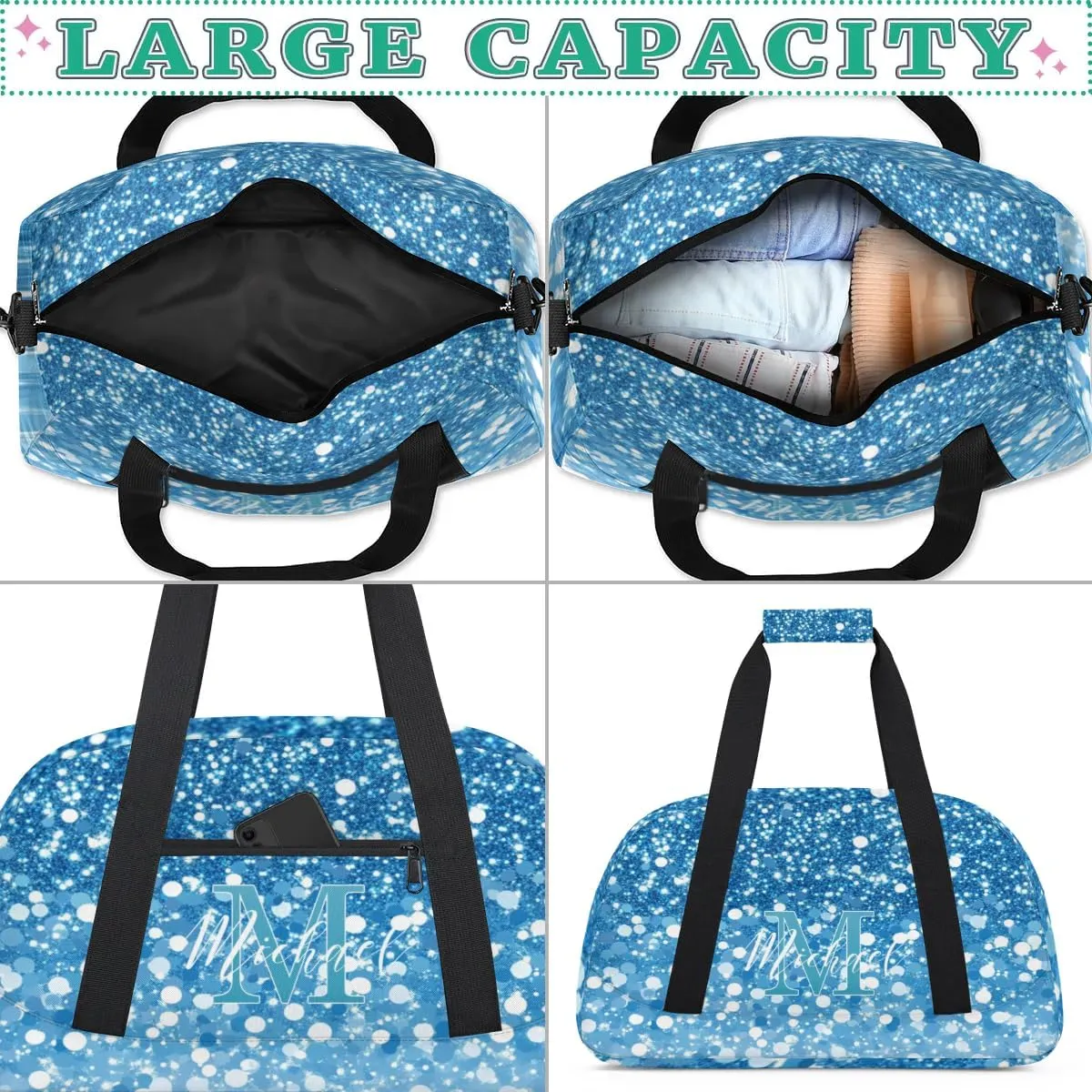 Personalized Gym Duffle Bag, Customized Initial Sports Duffle Bag for Travel, Lightweight Weekend Overnight Bag for Women, Blue Glitter