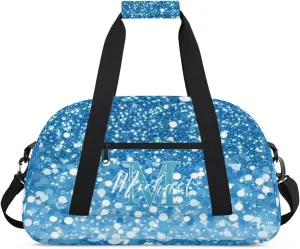 Personalized Gym Duffle Bag, Customized Initial Sports Duffle Bag for Travel, Lightweight Weekend Overnight Bag for Women, Blue Glitter