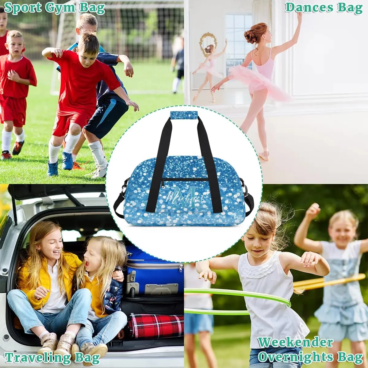 Personalized Gym Duffle Bag, Customized Initial Sports Duffle Bag for Travel, Lightweight Weekend Overnight Bag for Women, Blue Glitter