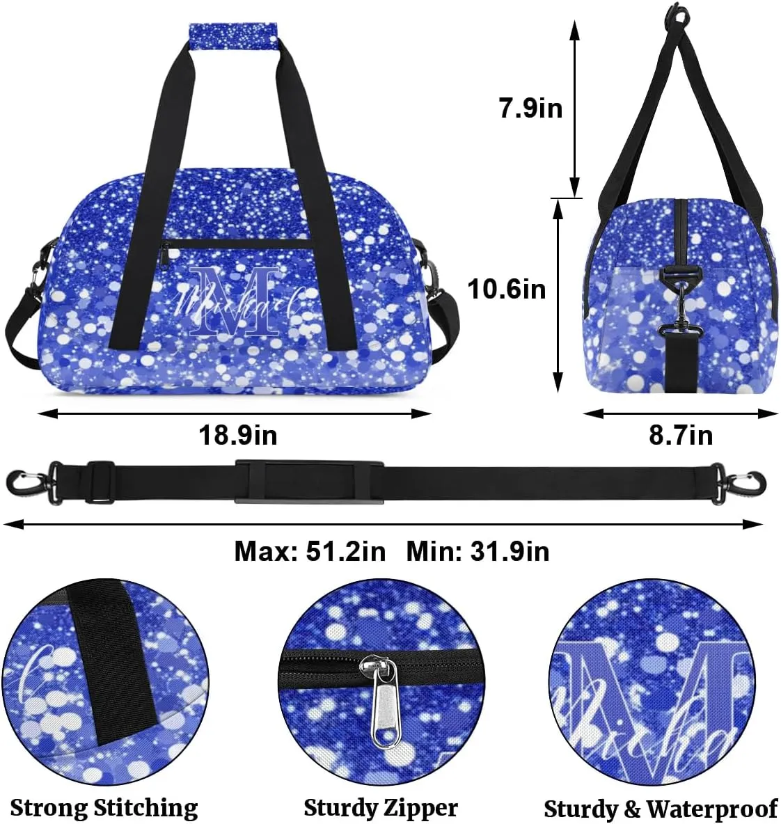 Personalized Gym Duffle Bag, Customized Initial Sports Duffle Bag for Travel, Lightweight Weekend Overnight Bag for Women, Dark Blue Glitter