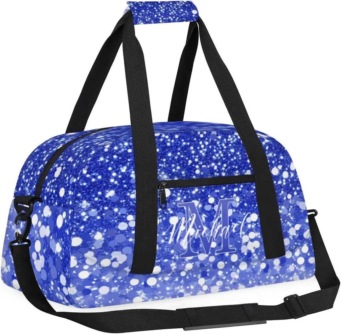 Personalized Gym Duffle Bag, Customized Initial Sports Duffle Bag for Travel, Lightweight Weekend Overnight Bag for Women, Dark Blue Glitter