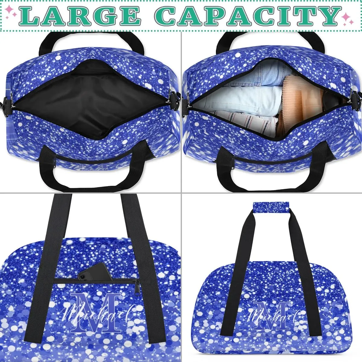 Personalized Gym Duffle Bag, Customized Initial Sports Duffle Bag for Travel, Lightweight Weekend Overnight Bag for Women, Dark Blue Glitter