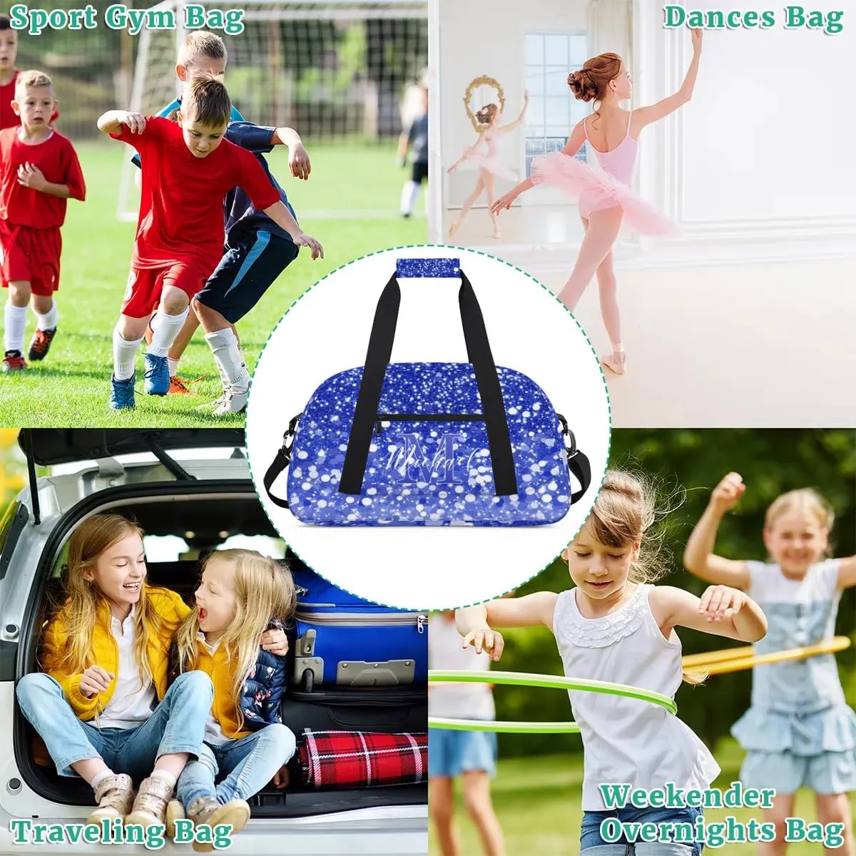 Personalized Gym Duffle Bag, Customized Initial Sports Duffle Bag for Travel, Lightweight Weekend Overnight Bag for Women, Dark Blue Glitter