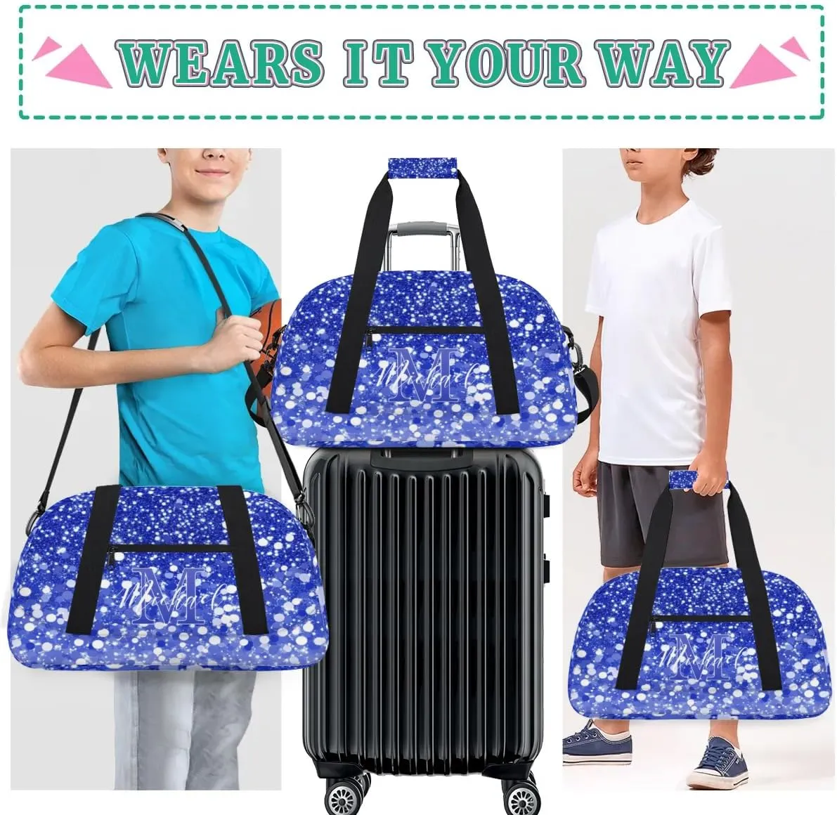 Personalized Gym Duffle Bag, Customized Initial Sports Duffle Bag for Travel, Lightweight Weekend Overnight Bag for Women, Dark Blue Glitter